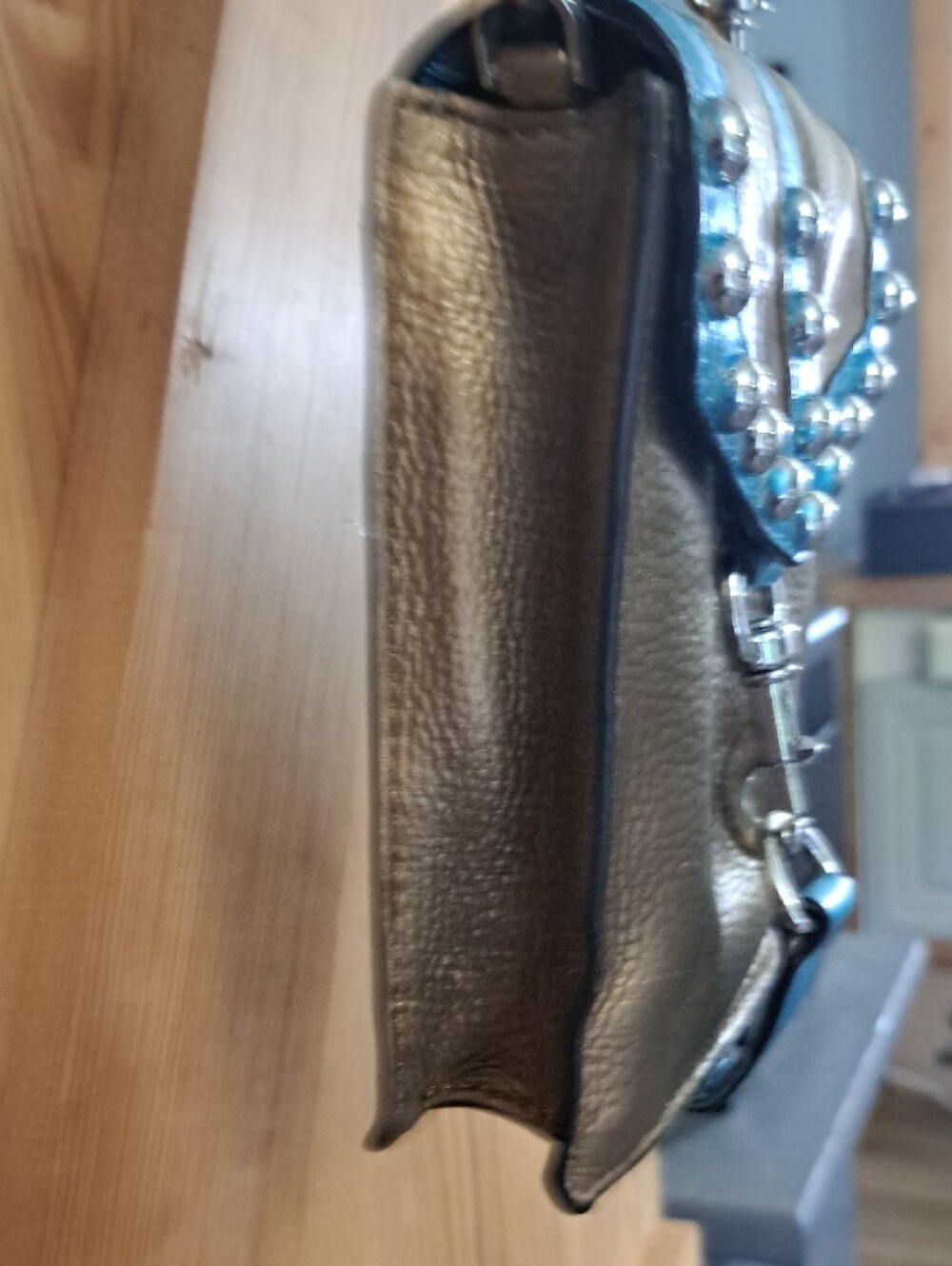 Hand Painted Metallic Bronze Crossbody Phone Bag with Turquoise Trim - Picture 7 of 14